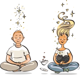 Fotobehang Meditating People. Cartoon vector drawing of a Couple practicing together, while holding a cat and having a cup of coffee. Funny cute characters. Soul mates © nataliahubbert