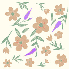 Vintage background with flowers. Vector print. Beige, violet, green colours plants illustration.