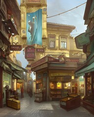 City streets at evening time vith shops and buildings, people, sky, doors, 3d render, illustration