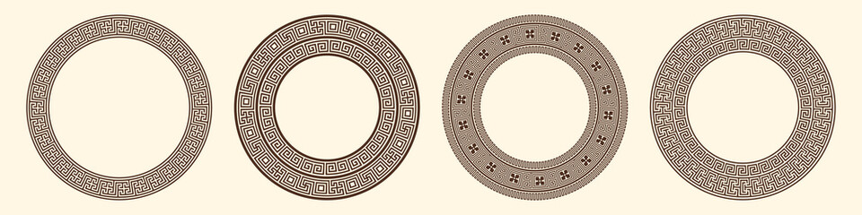 Greek key pattern, round frames collection. Decorative ancient meander, greece border ornament set with repeated geometric motif. Vector EPS10.