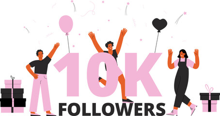 Followers 10K anniversary vector banner. Subscribers celebrate, happy teens party with confetti and gifts. Social media festive post for subscriber, prize drawing and presents