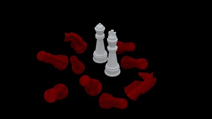 white and red chess on a black background. The queen wins the battle