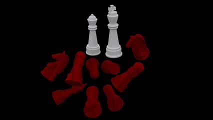 white and red chess on a black background. The queen wins the battle