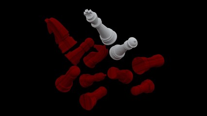 white and red chess on a black background. The queen wins the battle