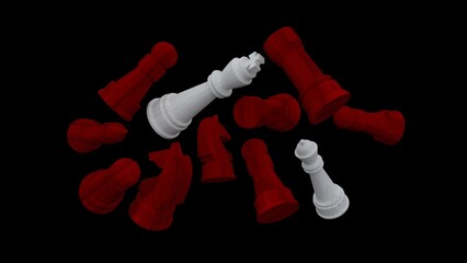 white and red chess on a black background. The queen wins the battle