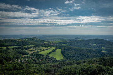 View from Varhost hill and lookout tower there for Ceske Stredohori mountains