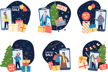 Christmas winter sale online. Satisfied people buy holiday xmas gifts with phone. Big special offers and discount, seasonal holiday recent vector shopping scenes