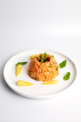 rice pilaf with sauce and ornamental pepper