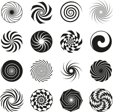 Black swirls and spirals simple graphic elements. Whirlwind isolated icons, spiral circular shapes. Swirling abstract hypnosis tidy vector design