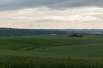 Fields sown with cereals in Polje near Derventa during cloudy day in spring