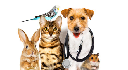 dog and cat and parrot and hamster doctor veterinarian and stethoscope - 531506198