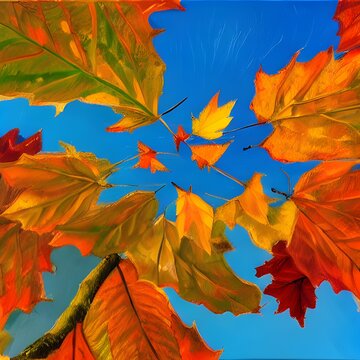 Autun leaves and trees, red yellow palette, blue sky, no clouds sunny weather. 3d illustration