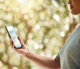 Phone, woman hands and park or sustainability environment with trees bokeh and online search for...