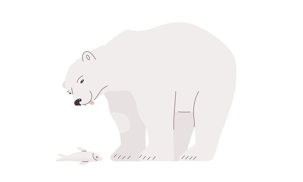 Polar bear caught a fish. Vector illustration in a flat cartoon style.