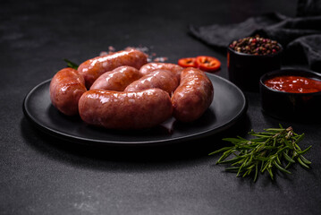 Grilled sausages with spices and herbs on a black background