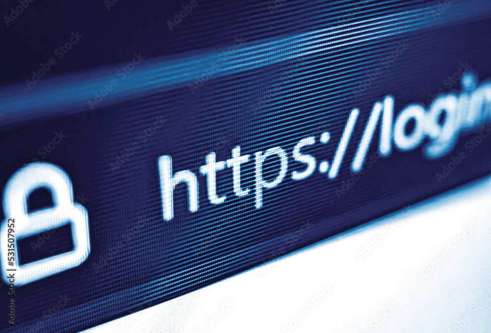 Wall mural pixelated closeup of internet web browser search bar with https and security icon in blue