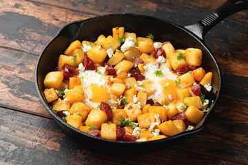 Chorizo potato hash breakfast with eggs and feta cheese in cast iron pan