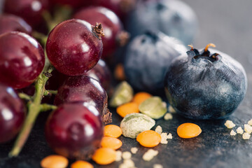 Natural background with different wild berries, macro shot.