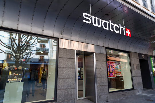 Entrance and the logo signage of Swatch in Geneva, Switzerland