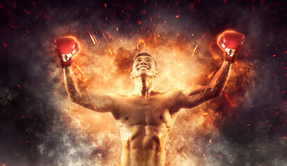 Boxer in red gloves on fire background