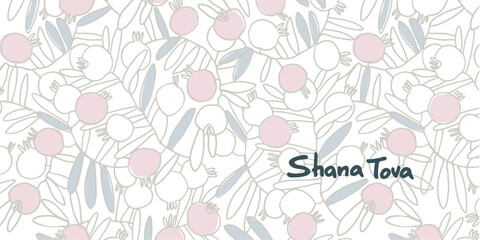 Rosh Hashana greeting vector background. Wishing Happy New Year in Hebrew. Hand-lettered text decorated with hand drawn pomegranate branch. Isolated on the white
