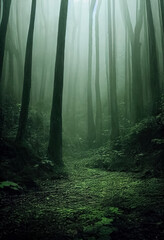 Gloomy, spooky, foggy dark forest landscape. Mysterious horror forest background. 3D illustration.