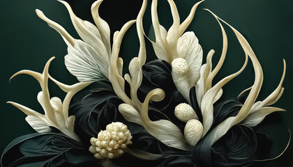Obraz premium Abstract elegant floral background. Decorative ivory corals carved flowers. 3D illustration.