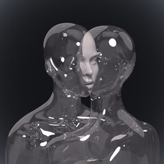 Abstract illustration from 3D rendering of 2 transparent glass figures intersecting each other faces on dark grey background.