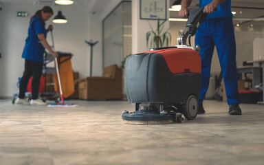 Machine washing of the hard floor in the office - obrazy, fototapety, plakaty