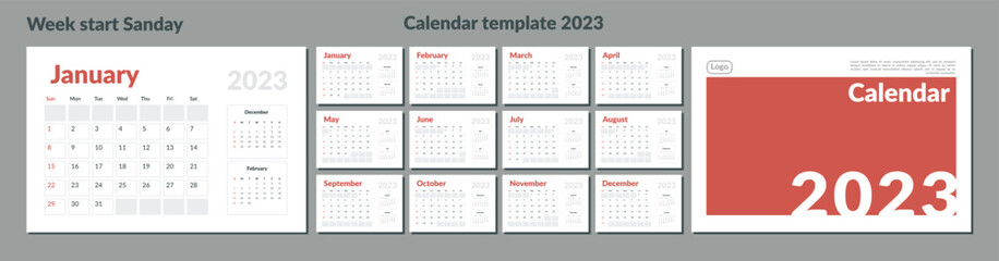 Set of 2023 Calendar Planner Template with Place for Photo and Company Logo. Vector layout of a wall or desk simple calendar with week start sunday. Calendar grid in grey color for print
