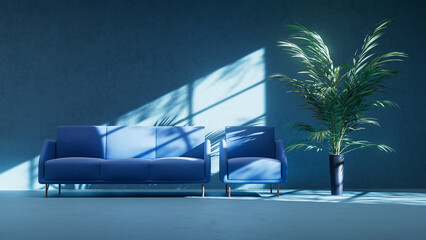 blue 3d render on abstract empry indoor interrior with sofa and chair lighted by side light from window