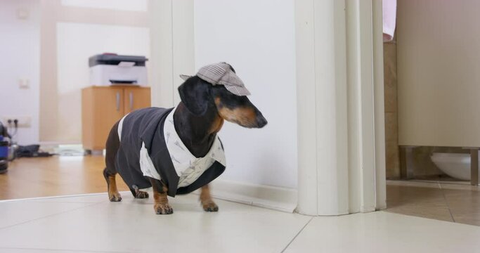 Dachshund detective in vest cap walks around apartment looking for. Dog private detective investigates Checking in office of tax check inspector Fire inspector checks violations, checking the premises