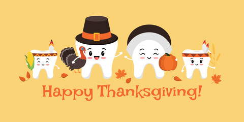 Thanksgiving day happy teeth family on dentist card. Cute tooth in pilgrim hat with pumpkin and turkey in hand and in indian feather headband with corn and wheat ear. Flat cartoon vector illustration. - obrazy, fototapety, plakaty