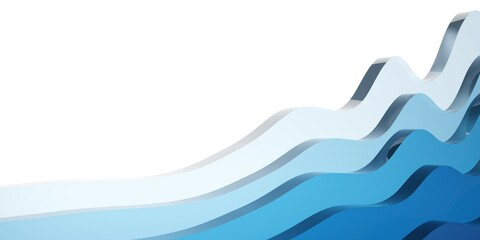 Stacked blue glass rising abstract wave shapes over white background, abstract data visualisation or growth concept