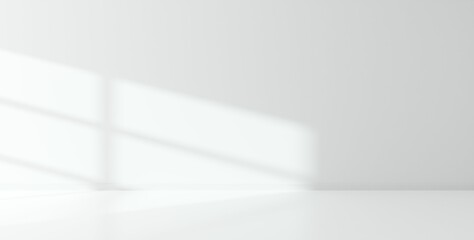 Empty white interior room wall with sunlight shadow from window and reflective floor, modern architecture template background