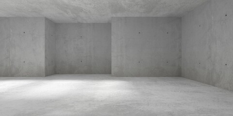 Abstract empty, modern concrete room with wide niche on the back wall and rough floor - industrial interior background template - obrazy, fototapety, plakaty