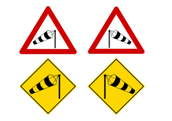 Crosswind road sign - windsock in red triangle and in yellow rhombus vector illustration set. Black and white stripe wind cone on pole side wind warning sign. Flat design pictogram.