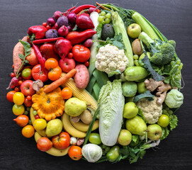 Various vegetables and fruits laid out in a circle on a dark background.