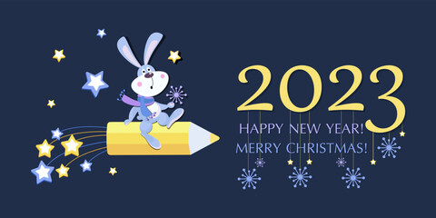 Naklejka premium Cartoon Rabbit. Space. 2023. Merry Christmas. New Year. Rabbit symbol of 2023. Chinese calendar.