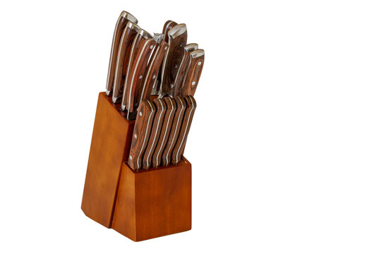 A wooden knife block for a kitchen