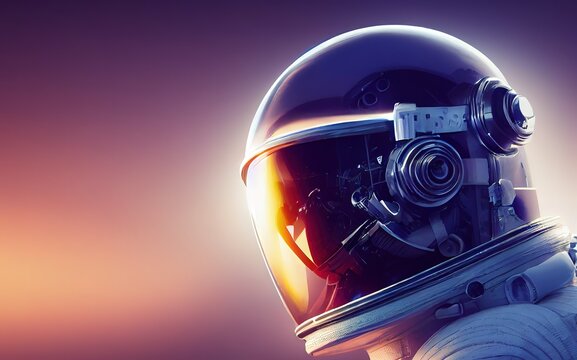 Model in a white astronaut suit with a helmet. There is a large glass on the helmet in the face area. 3d render, Raster illustration.