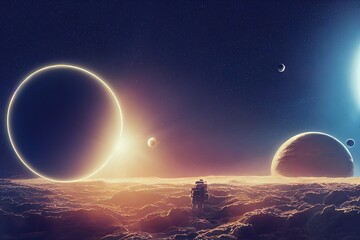 Star eclipse. Exoplanets and astronauts in deep space. Science fiction. 3d render, Raster illustration.