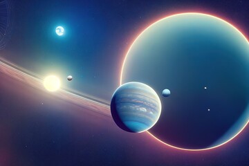 Star eclipse. Exoplanets and astronauts in deep space. Science fiction. 3d render, Raster illustration.