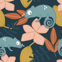 Seamless pattern chameleon and tropical flowers on dark background in scandinavian style for fabric, textile, wallpaper © Ольга Минич