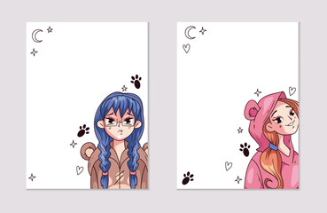 Anime manga japan girls board empty text space banner cards isolated set. Graphic design element vector illustration