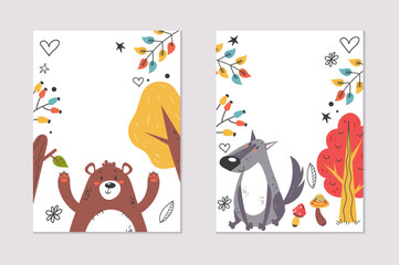 Forest cute animal invitation text place cards sticker set. Vector graphic design element illustration