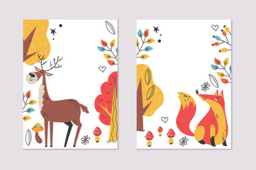 Forest cute animal invitation text place cards sticker set. Vector graphic design element illustration