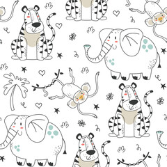 Fototapeta premium Jungle animal safari seamless cute pattern cover background line art concept. Vector graphic design element illustration