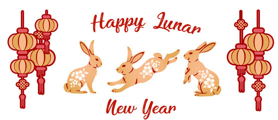 Chinese New Year of the Rabbit, Isolate individual PNG objects, Zodiac sign for greeting card, invitation, posters, brochure, calendar, flyers, banners.