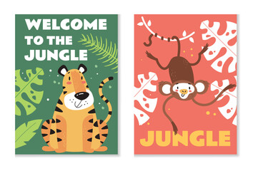 Jungle animal safari party greeting poster banner card. Vector graphic design element illustration